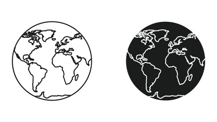 Obraz premium Two Globe Icons: Outline and Silhouette of Planet Earth, World Map Illustration