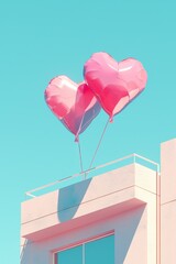 Vibrant Pink Heart Shaped Balloons Floating Gracefully Above a Charming Rooftop in a Serene Urban Landscape