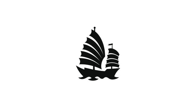 Elegant black silhouette of two traditional Asian junk boats with distinctive fan sails, isolated vector icon on white background. Nautical historic sailing vessel design.