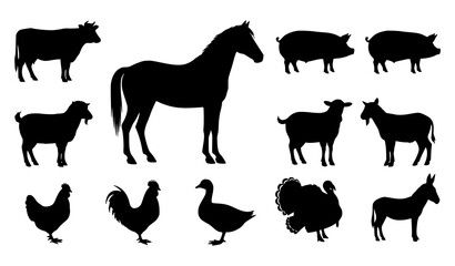 Farm Animal Silhouette Collection Cow Horse Pig Sheep Vector Set On White © Naimur