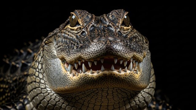 A close-up portrait of a crocodile with its mouth open