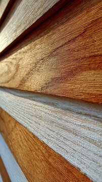 Close-up view of weathered wooden planks with distinct grain patterns, alternating between warm brown and faded white tones.