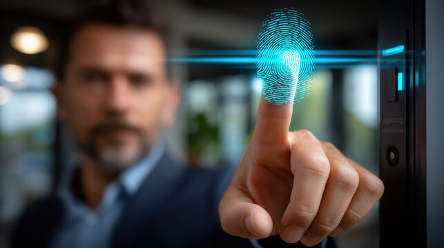 Businessman using fingerprint scanner for biometric authentication. Close up of finger touching digital access control panel with glowing fingerprint icon, cybersecurity and identity verification