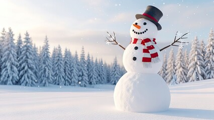 Fototapeta premium A cheerful snowman stands in a snowy forest with a bright smile