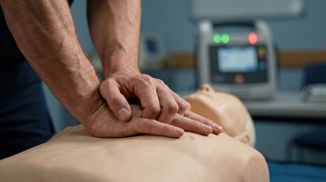 The hands of a person performing chest compressions on a professional CPR training manikin with an AED defibrillator in the background. AI generated.