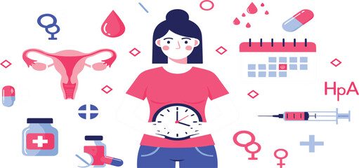 Women Health and Menstrual Cycle Awareness Illustration with Female Reproductive System, Hormones, Calendar, Medicine and Medical Icons for Healthcare Education Design