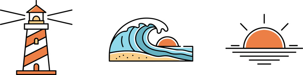 Minimalist nautical icon set featuring a lighthouse, ocean wave, and sunset for coastal design