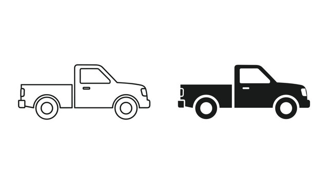 Pickup Truck Icons: Line Art and Silhouette, Side View