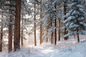 Fototapeta premium snow-covered pine forest with soft morning light
