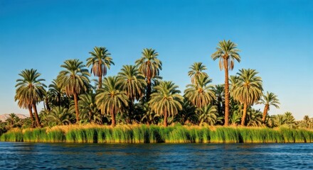Obraz premium Island oasis with lush palm trees, reeds, and a serene river under a clear blue sky