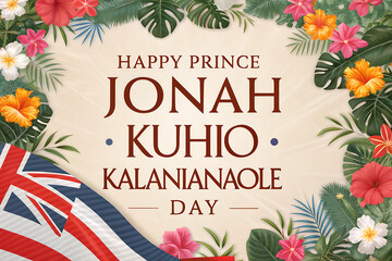 Prince Jonah Kuhio Kalanianaole Day Poster With Hawaiian Flag and Tropical Flowers