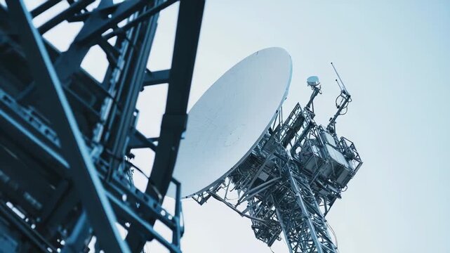 Modern telecommunication tower with a large satellite dish transmitting radio signals, enabling global communication and high speed internet connectivity