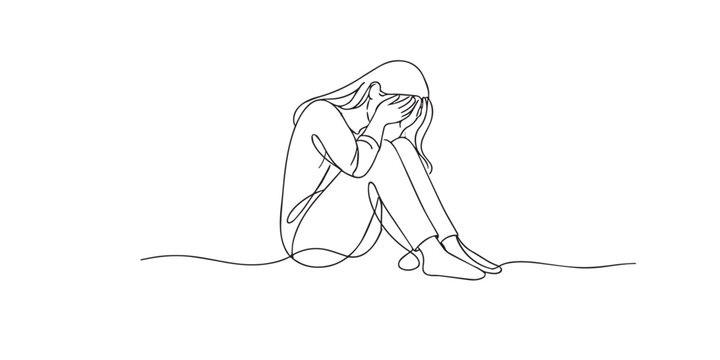 One line drawing of a sad woman sitting with head in hands. Hand drawn continuous line expressing sadness, loneliness, emotional pain, and quiet vulnerability.