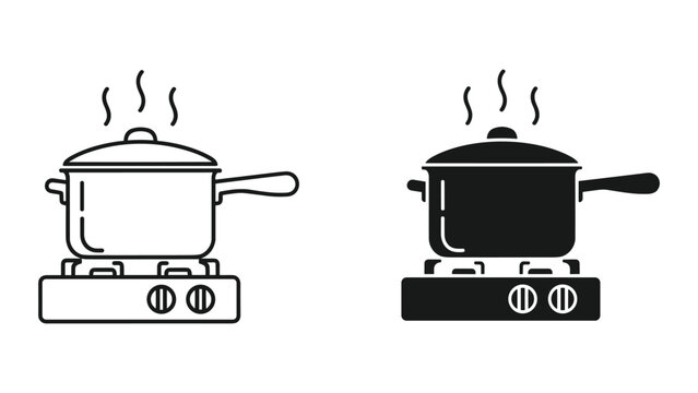 Boiling Pot Icon Set: Line Art and Silhouette for Cooking and Kitchen Concepts