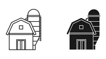Barn and Silo Icon Set - Farm Building Line Art and Silhouette