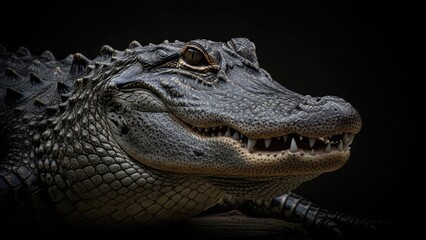 Fototapeta premium A close-up portrait of a crocodile's face against a dark background