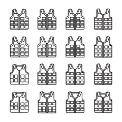 Fototapeta premium Tactical Vest Icons Set Multiple Pockets Vector Line Art Isolated on White Background