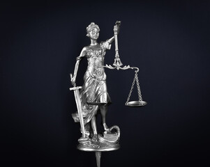 silver goddess of justice isolated on black background