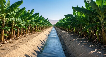 Obraz premium Lush banana plantation with irrigation canal, under a clear blue sky
