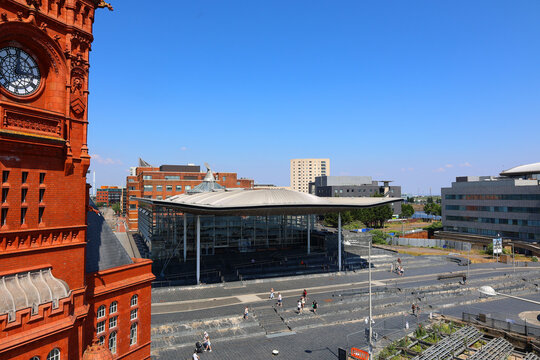 CARDIFF WALES UNITED KINGDOM: Senedd, also known as the National Assembly building was opened by Queen Elizabeth II in 2006 in Cardiff, South Wales and is the location of the Welsh Parliament