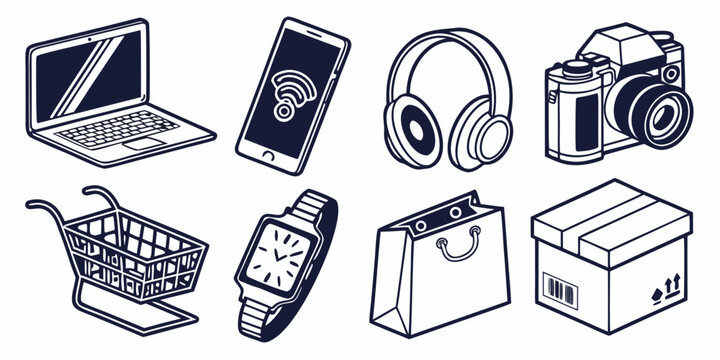Assorted electronic devices and household items on a white background Vector