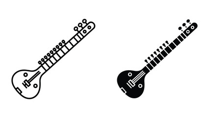 Fototapeta premium Sitar Icon: Black and White Line Art and Silhouette