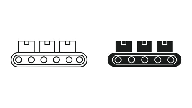 Conveyor belt with boxes icon set, line and filled styles, logistics