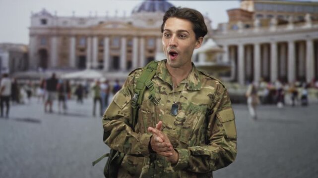Man soldier in military uniform with dog tags clapping hands and gesturing palms outward in front of a building; pride duty.
