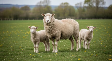 Fototapeta premium Sheep with Lambs in Green Pasture Field.