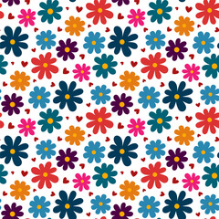 Small, multicolored flowers isolated on a white background. Cute floral seamless pattern. Vector simple flat graphic illustration, hand drawn. Texture.