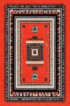 Traditional Berber carpet design with intricate geometric and tribal motifs in an earthy terracotta, black, and cream palette.