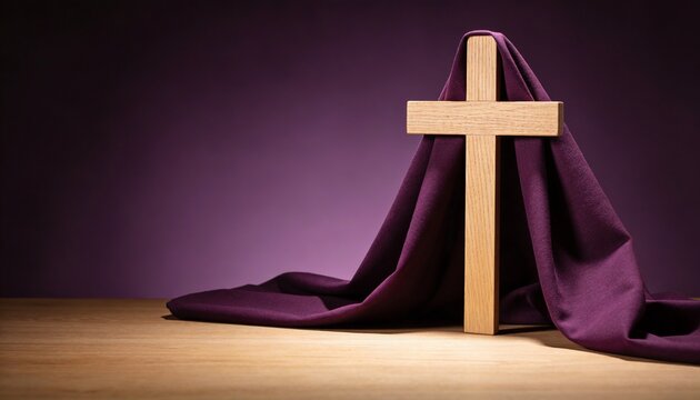 Wooden Cross Draped with Purple Cloth for Good Friday and Lent