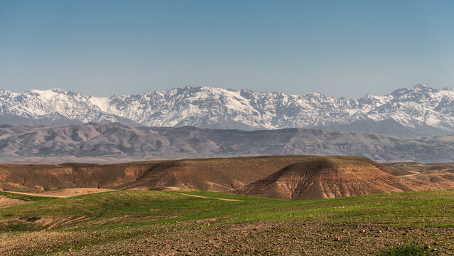 Panoramic View of Agafay Desert with High Atlas Mountains in Morocco