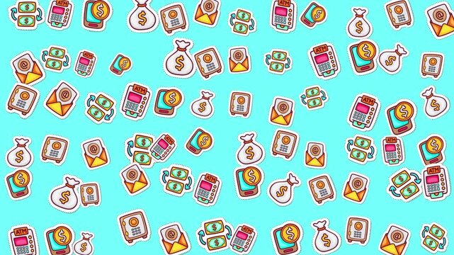 Scattered images of money bags, stacks of cards, and envelopes are perfect for financial blogs, business presentations, or moneysaving articles.