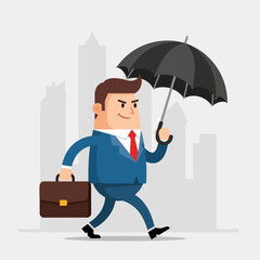 Businessman Walking with Umbrella Briefcase.