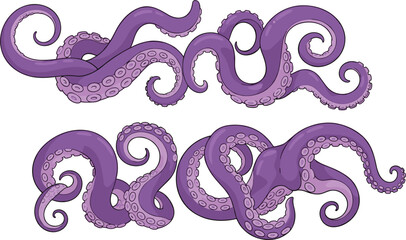 Set of purple octopus tentacles and kraken arms with suckers isolated on white background for nautical design, sea monster theme, and ocean decorative elements. © Hosneara