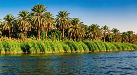 Obraz premium Lush river scene featuring palm trees, reeds, and a shimmering water surface under blue sky