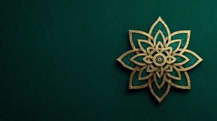 Decorative golden mandala design on dark green textured background