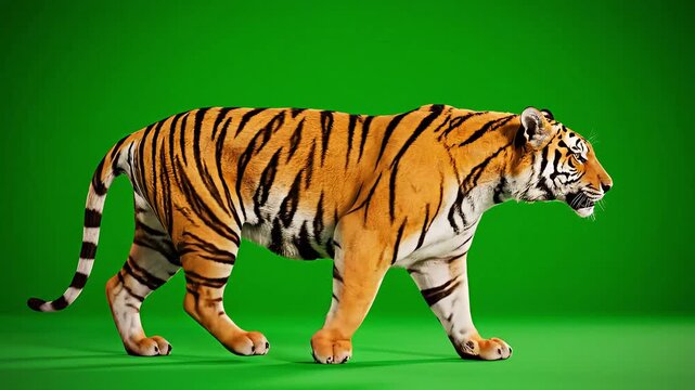 Bengal Tiger Walking and Roaring on Green Screen