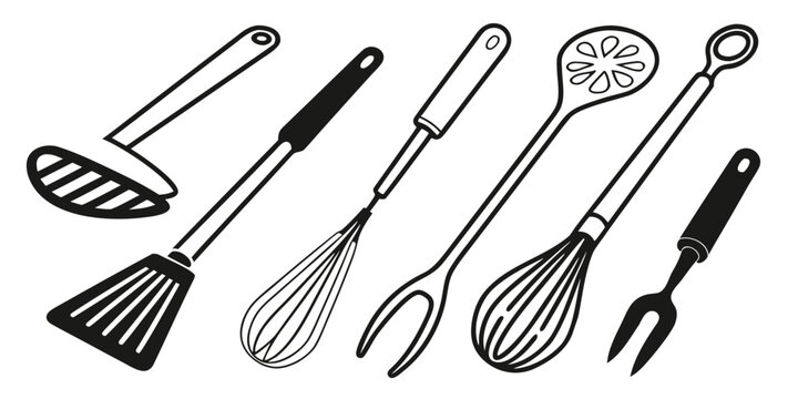 An assortment of cooking utensils including whisks, spatulas, and ladles. Vector