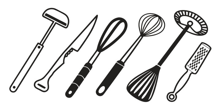 A variety of kitchen utensils including whisks, spatulas, and a masher. Vector