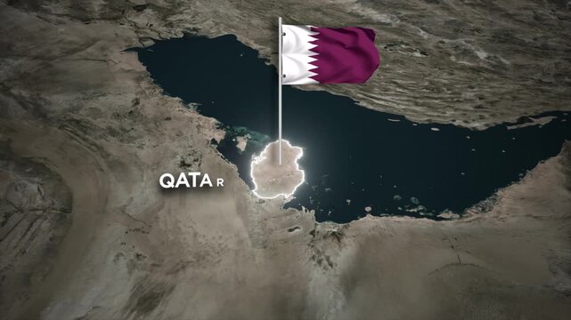 Qatar Map Animation with 3D Waving of Qatar National Flag on World Map Background