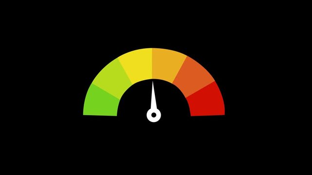 Speedometer indicating a high level or danger zone, represented by the red section 3d animation with alpha channel.Colorful rating meter scale from bad to good ,Indicating Assessment or Measurement.