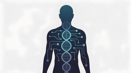 Human silhouette with DNA strand and circuit connections concept design.