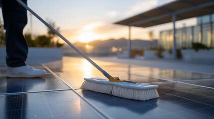 Solar panel cleaning technician using purified water and soft brush system on a large rooftop solar array, perfect for solar panel maintenance, photovoltaic cleaning service, energy efficiency