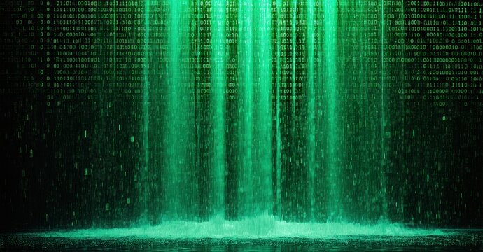 Digital rain effect, binary code streams down dark background. Futuristic, technology themed visual representation.