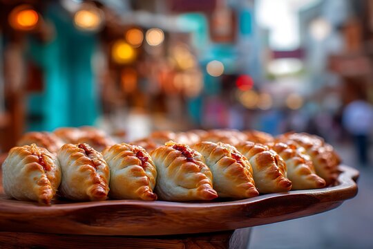 Freshly baked mini Gulf-style meat fatayer on wooden board in vibrant market with warm lighting