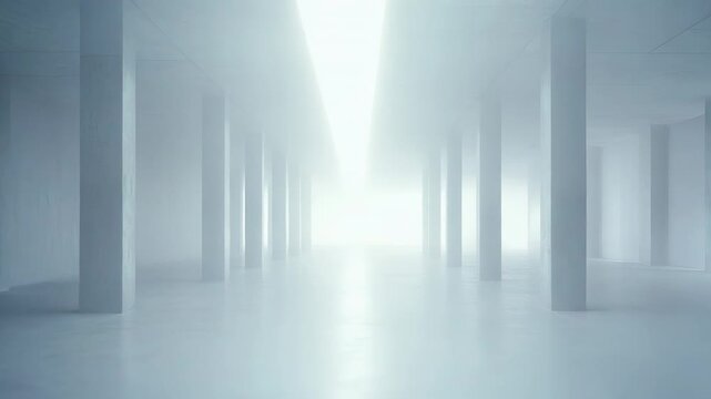 Bright empty futuristic hall with many white columns, creating a symmetrical colonnade bathed in soft, ethereal light, perfect for concepts of purity, future, and imagination