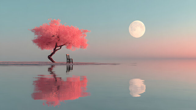 Serene pink tree and chair reflected in calm water under a full moon AI Generated