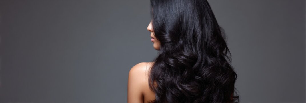 Asian female with long wavy black hair posing against gray background